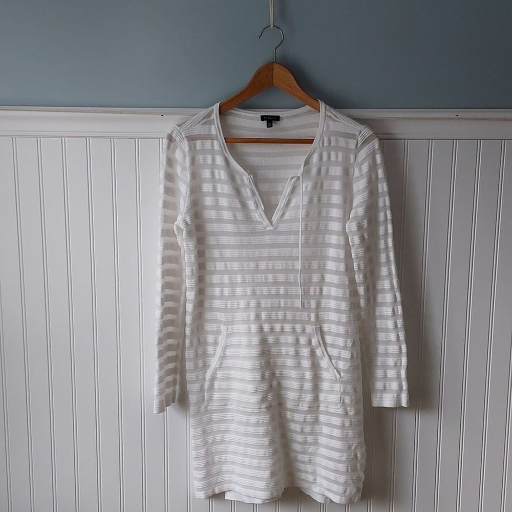 Talbots Womens XS White Textured Stripe Knit Tunic Split Neck Beach‎ Coverup